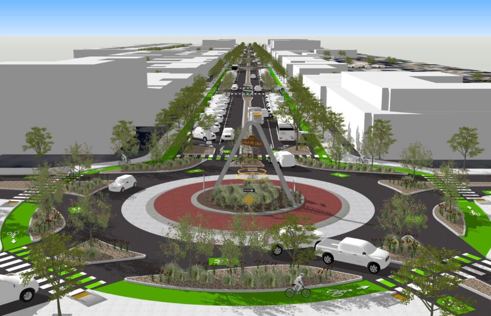 A rendering of a street with trees and a roundabout