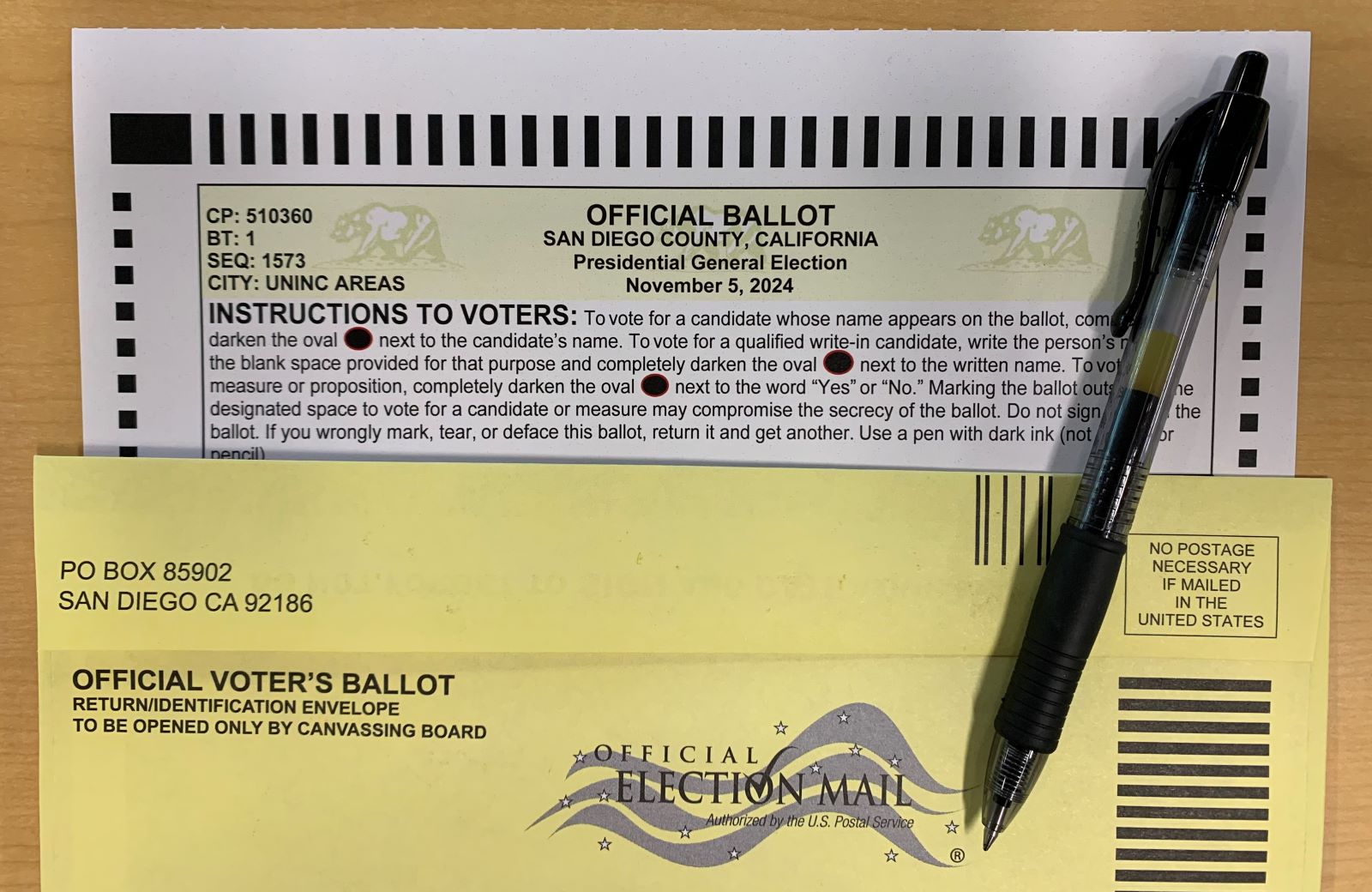 official ballot, ballot envelope and pen