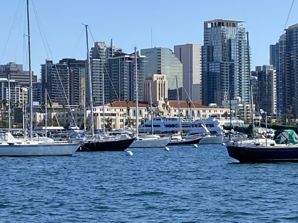 County Administration Building from across the bay with boats in foreground