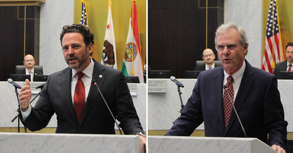 Nathan Fletcher stands at podium on left and Jim Desmond stands at podium on right
