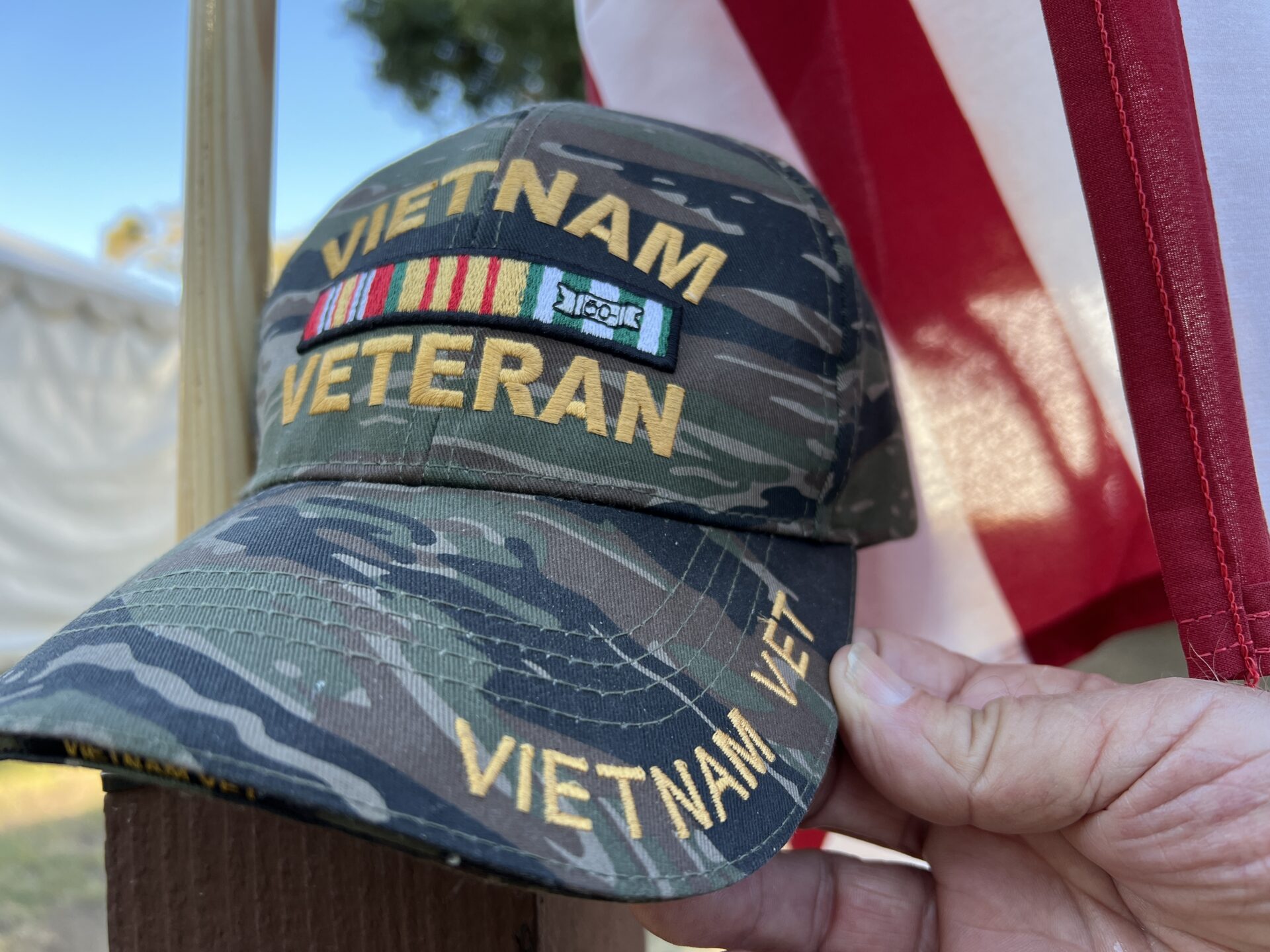 Vietnam veteran hat in front of American flag