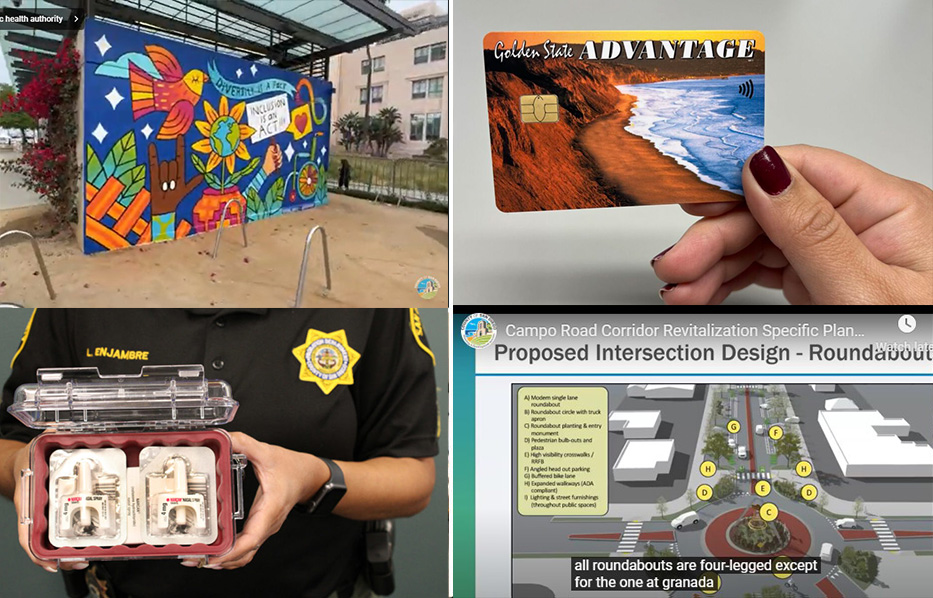 Collage of four, colorful mural, EBT card, Narcan and Campo Road Design