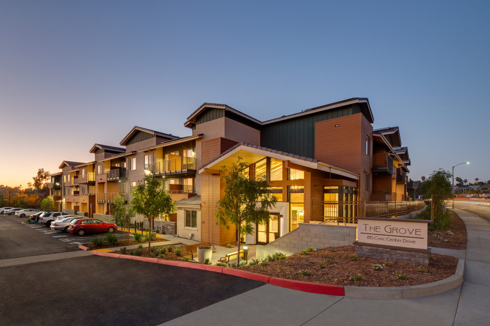The Grove apartment complex at night