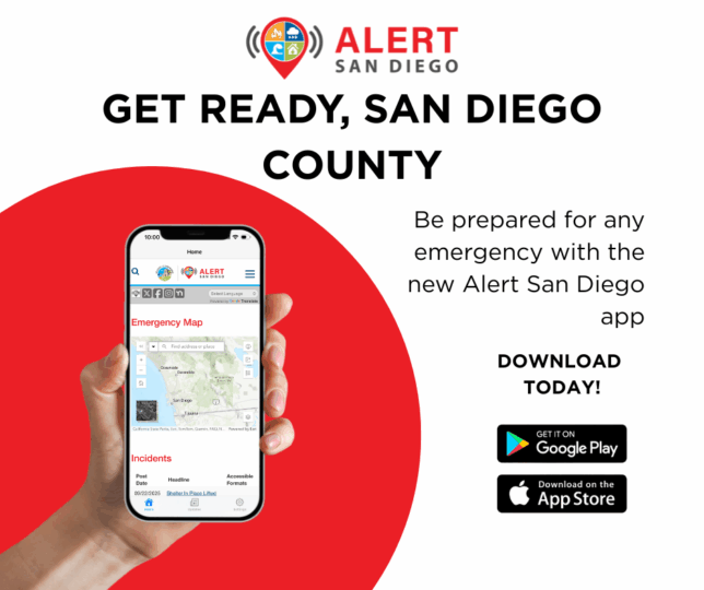 A graphic of a hand holding a phone with more information about the Alert San Diego app.