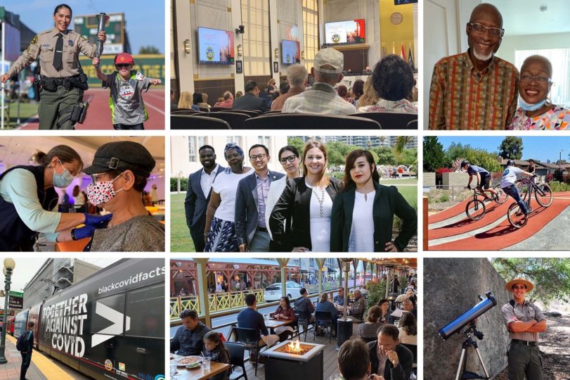 collage of images including people at a restaurant, ranger at a park and person waiting for trolley