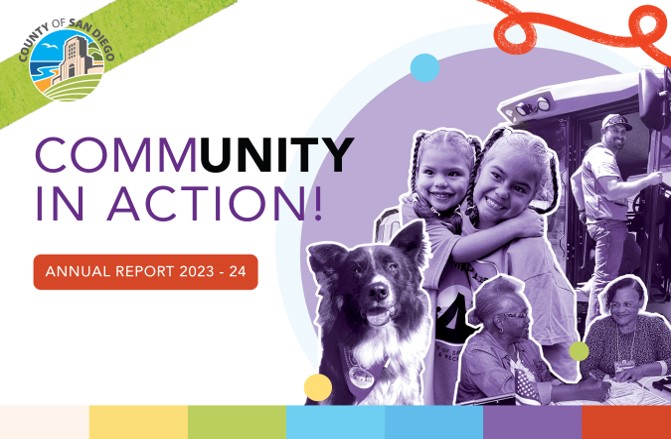 post card with "Community in Action! Annual Report 2023-24"