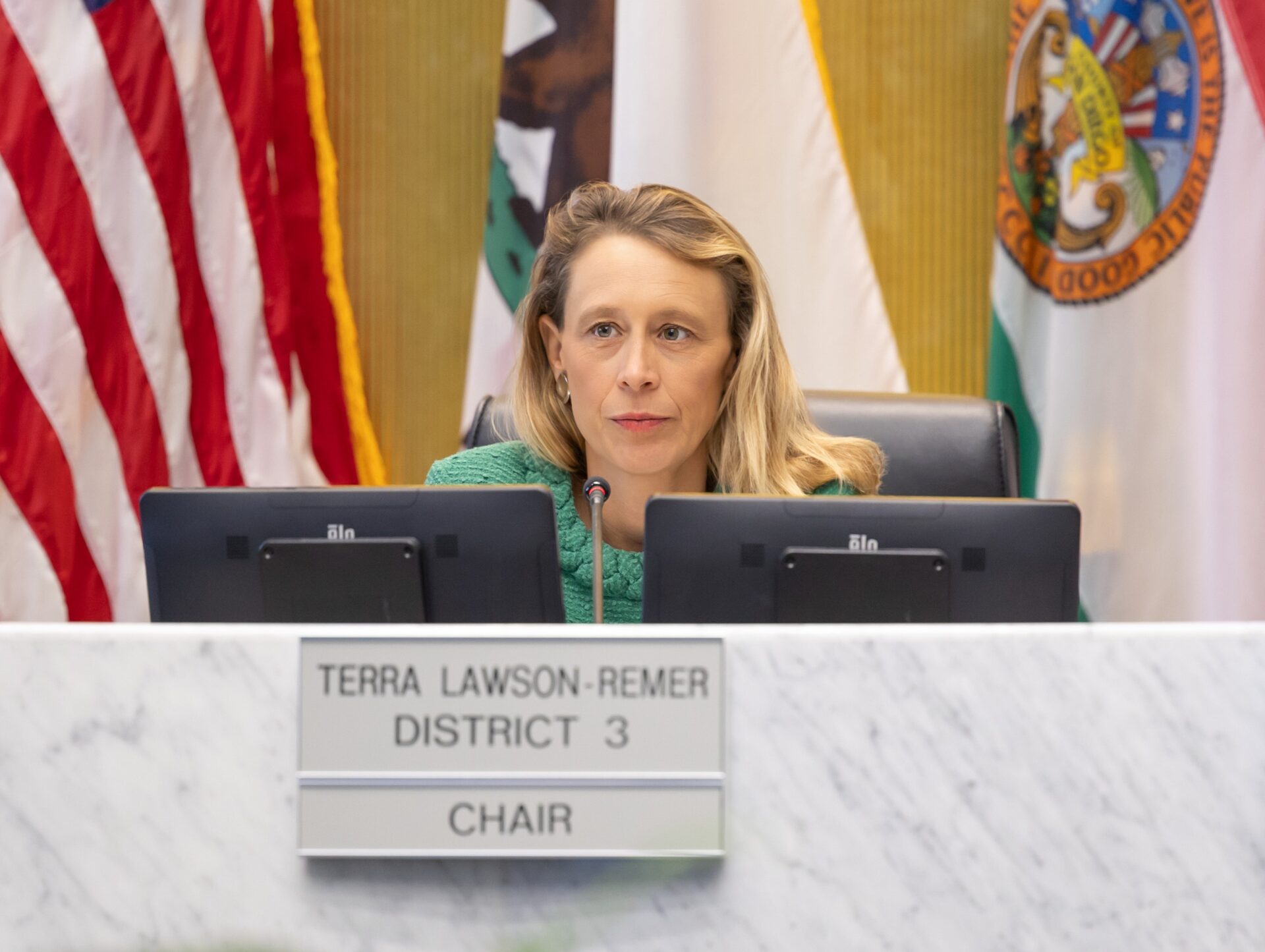 Terra Lawson-Remer in the Board of Supervisors Chambers at the County Administration Center