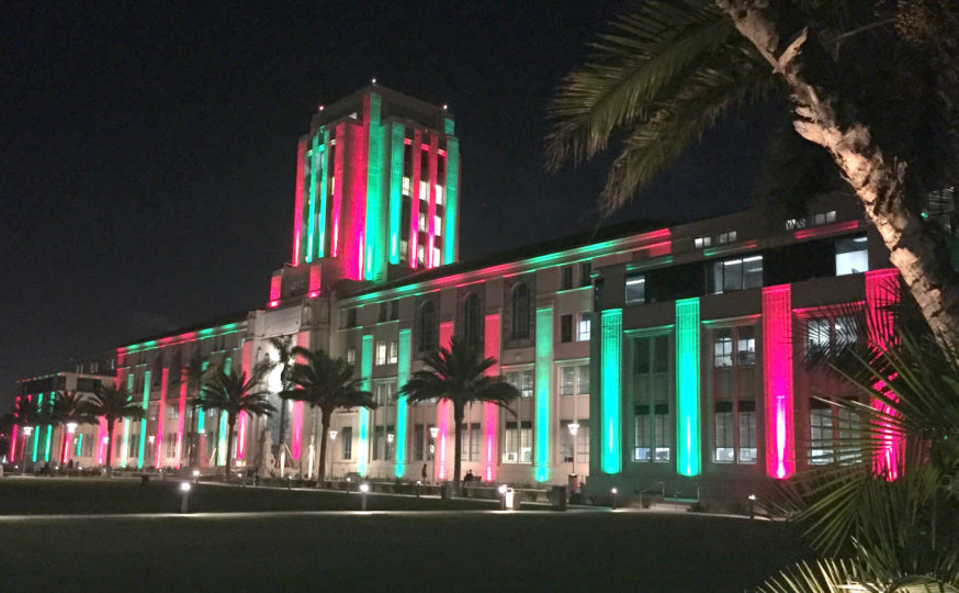 County building red and green lights
