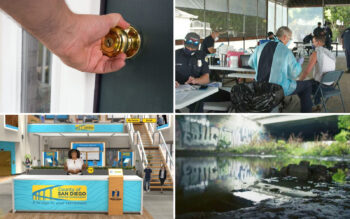 Collage of four winning programs: hand opening door, farmworkers receiving COVID-19 vaccine, County's game-style retirement program, water in storm drain...