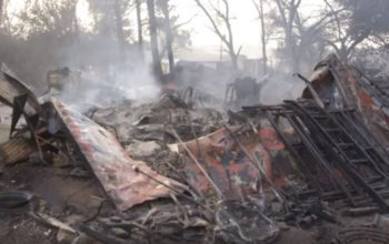 Smoldering vehicle following a wildfire.