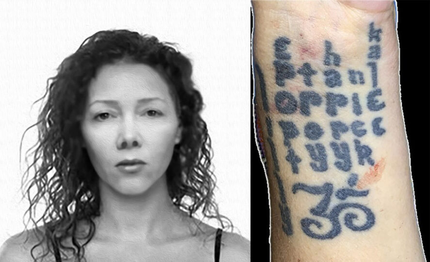 Forensic sketch of unidentified woman and her tattoo