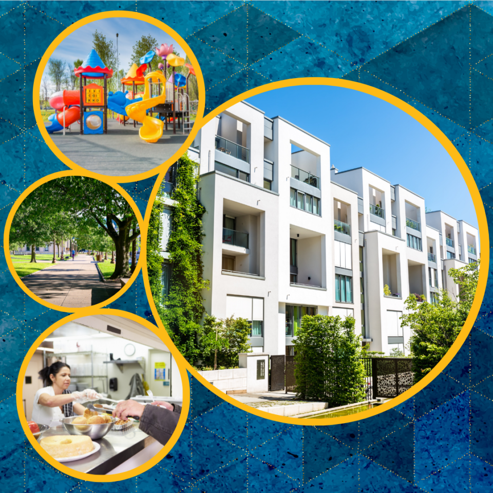 images of park, apartment complex, playground and person serving food