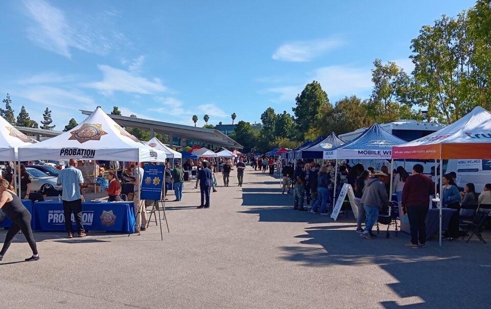 fair with many pop-up tents in a parking lot