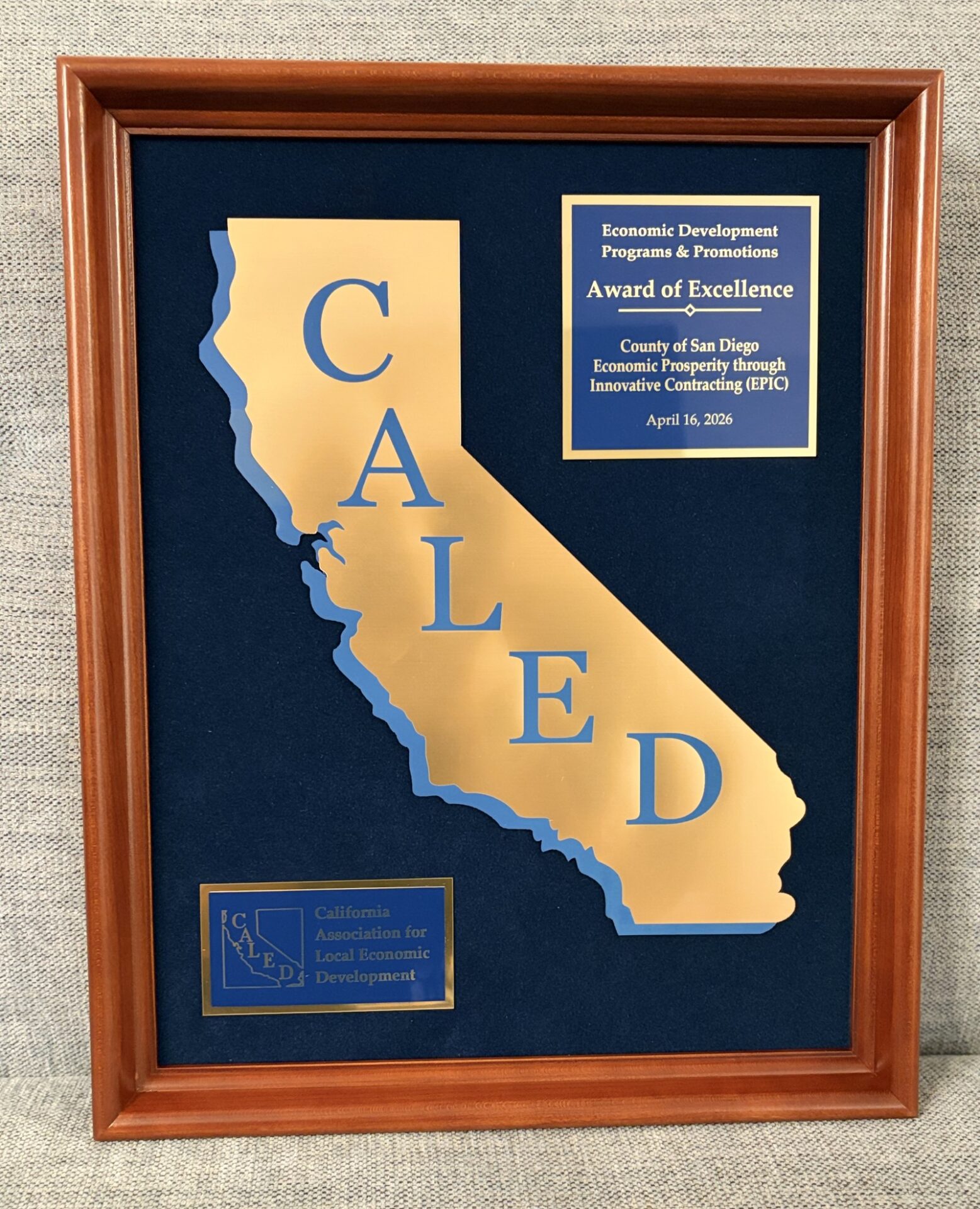 Award plaque in frame