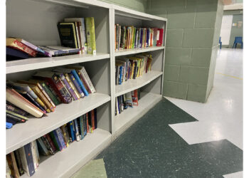 Shelves of books for young adults at the East Mesa Juvenile Detention Facility