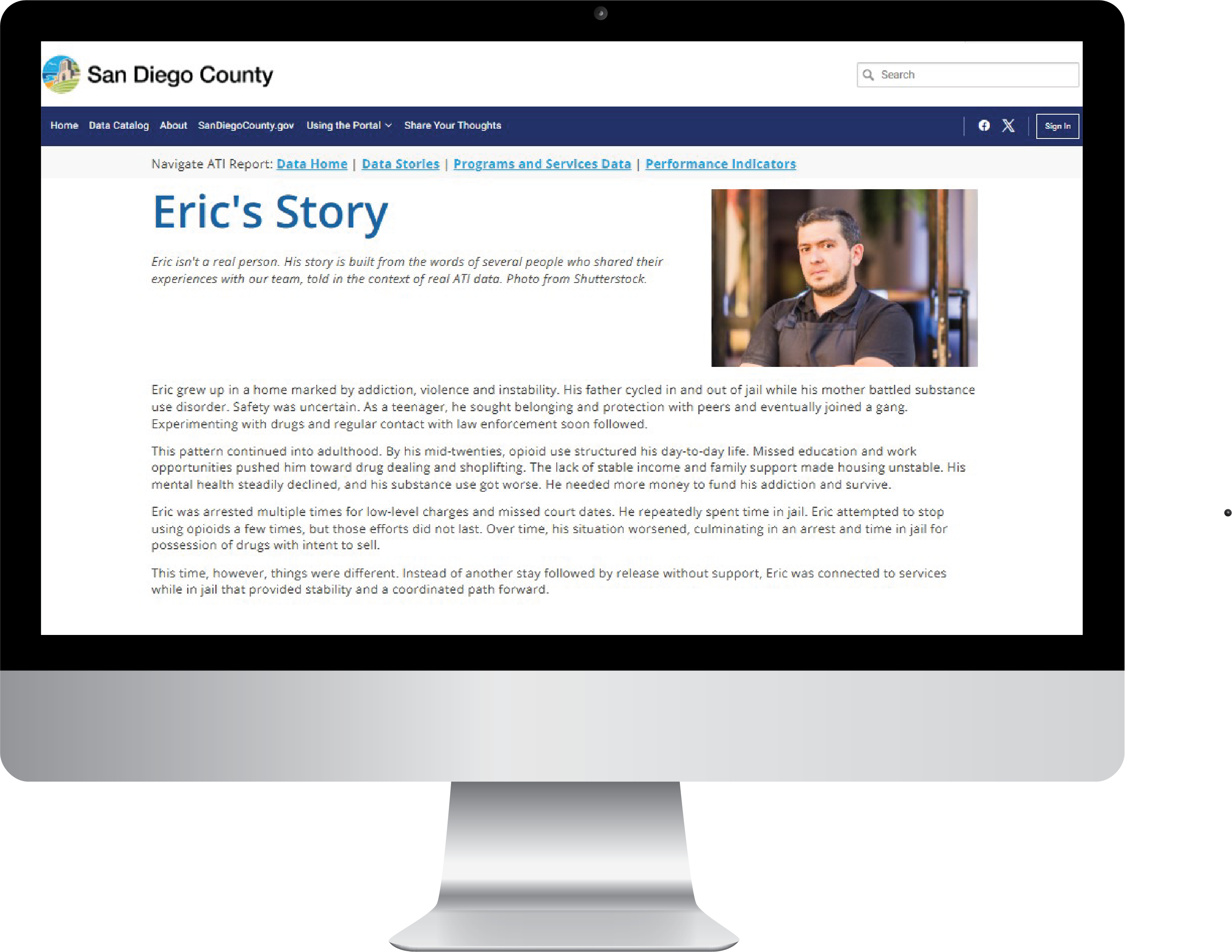Screenshot of the Alternatives to Incarceration Data Portal Page with a photo of a man in the upper left on a simulated computer screen