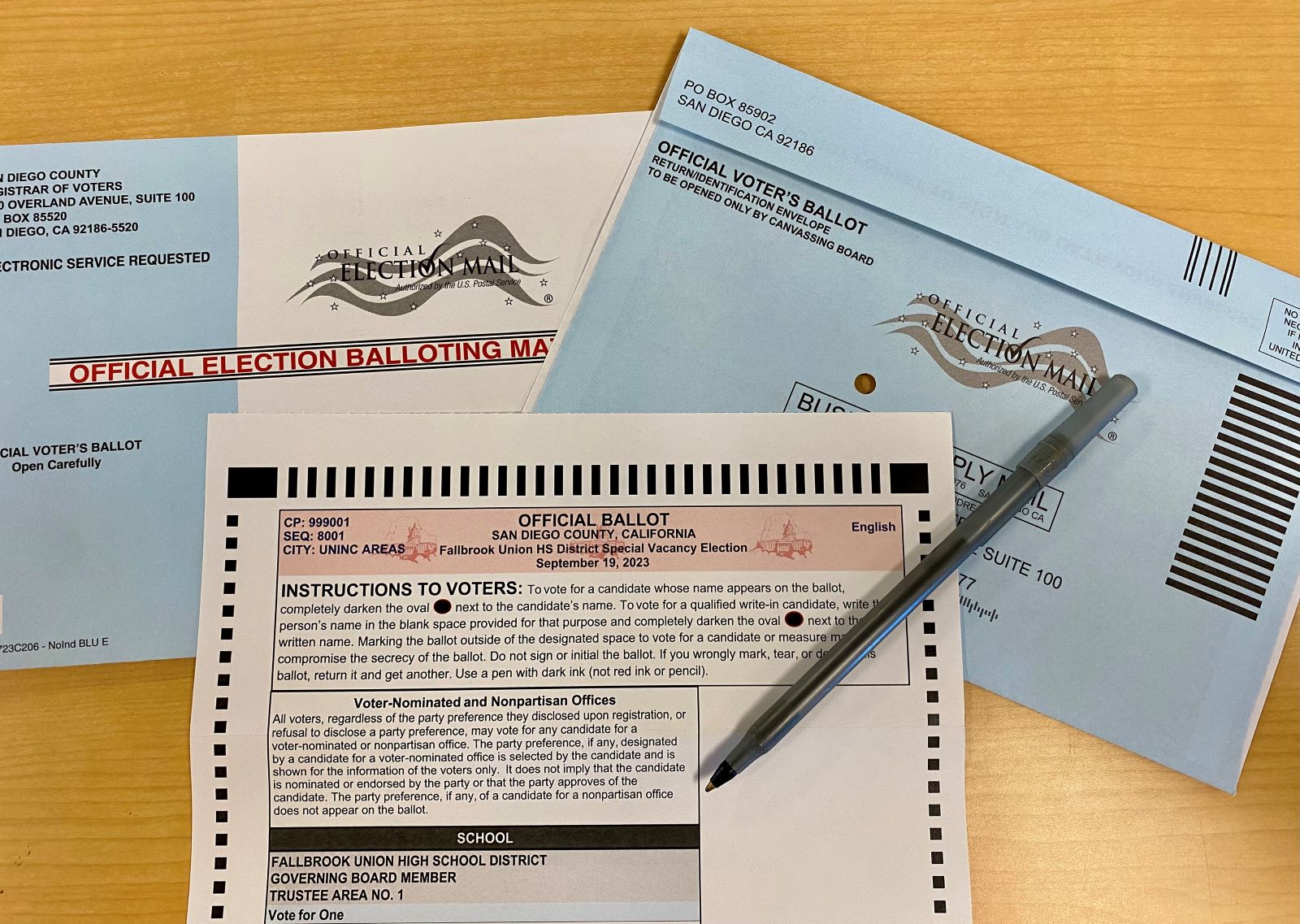official ballot and envelopes on a table