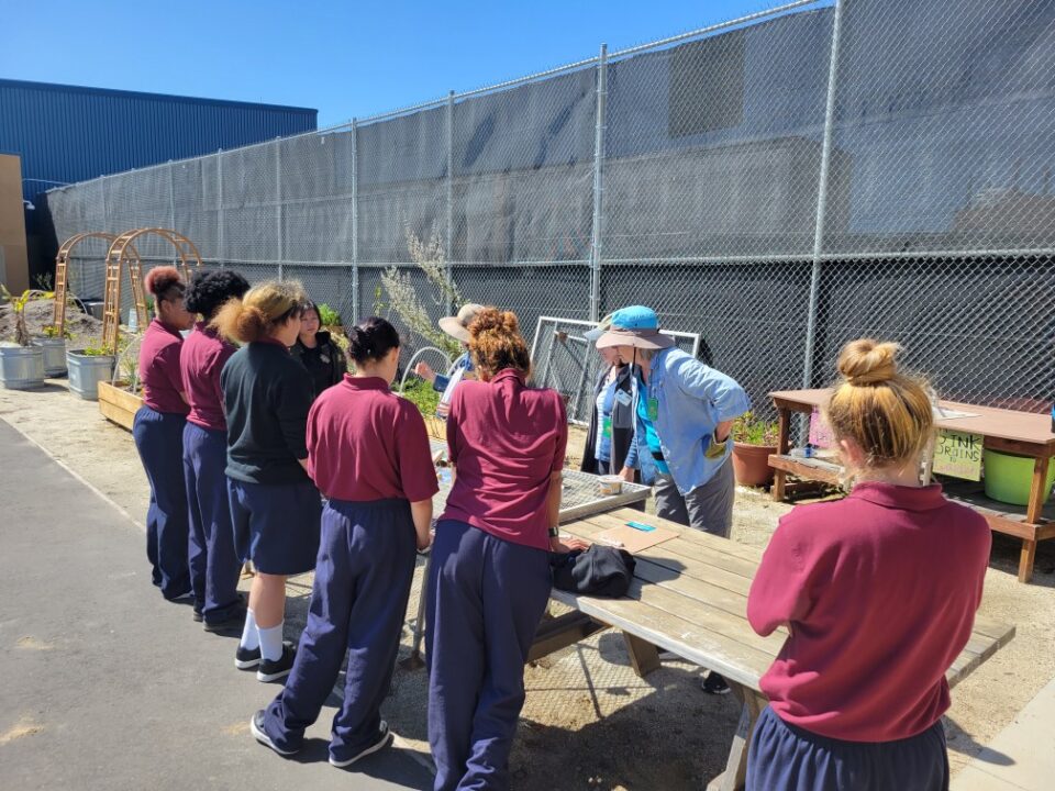 Backs of six girls leaning toward a table where instructors are teaching gardening.