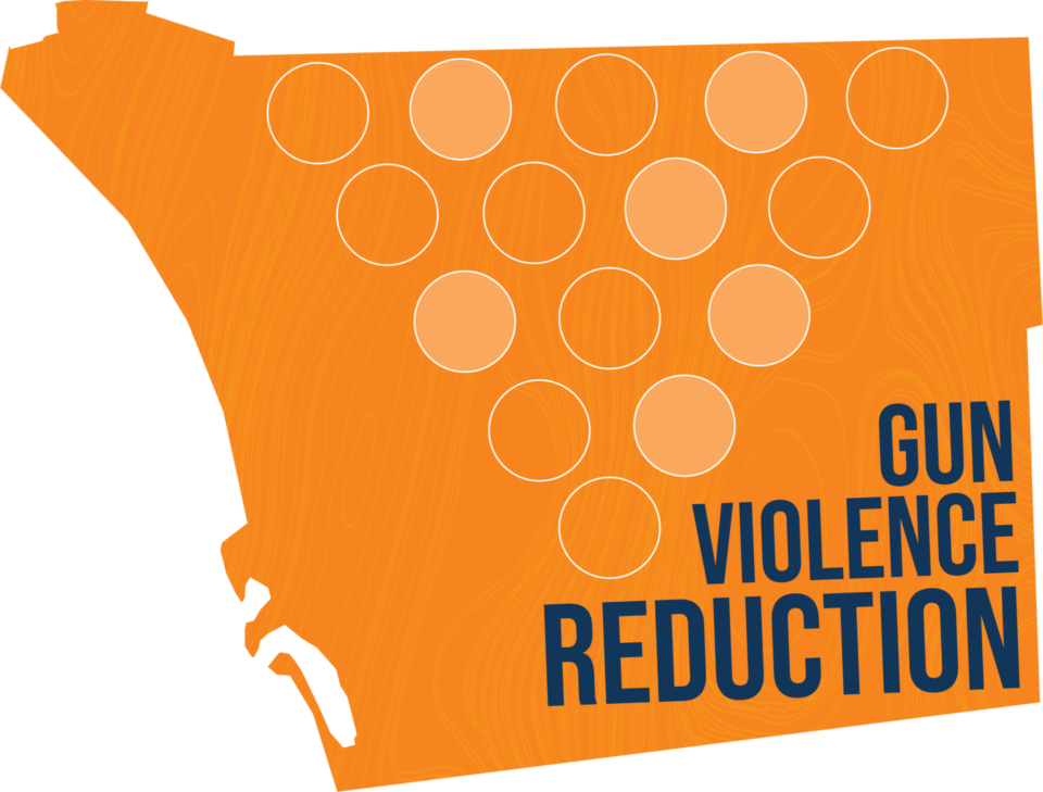 Orange County of San Diego shape with an arrow pointing down and the words gun violence reduction