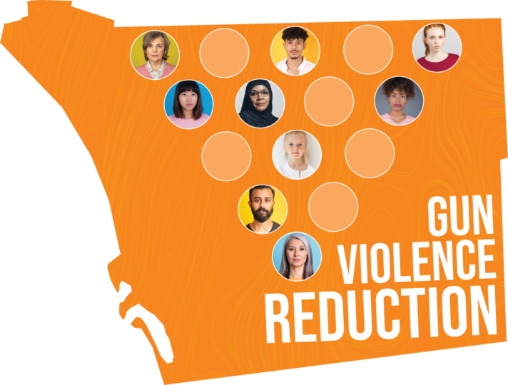 Gun Violence Reduction Project logo that has the county shape in orange and a down arrow made of dots in the middle with community faces in them and the words gun violence reduction