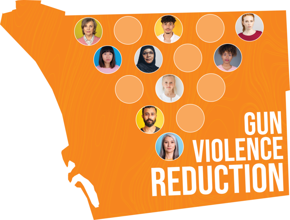 Gun Violence Reduction Project logo that has the county shape in orange and a down arrow made of dots in the middle with community faces in them and the words gun violence reduction