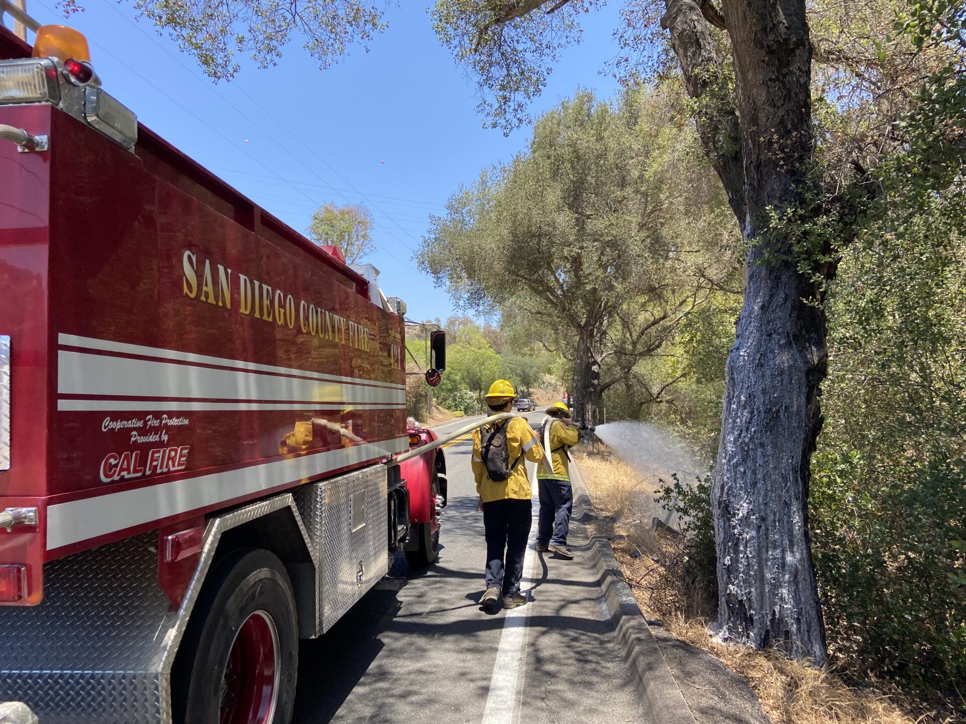 CAL FIRE firefighters apply fire retardant to vegetation along Wildcat Canyon Road, near Lakeside