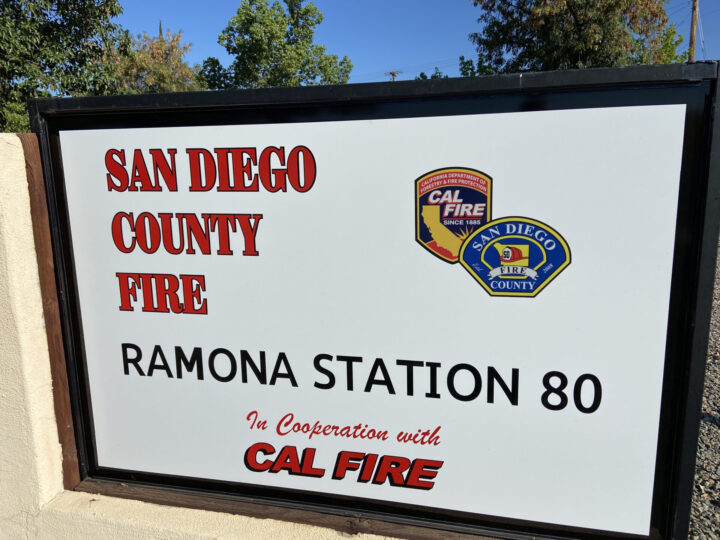 Sign at Ramona Station 80 showing the partnership between San Diego County Fire and CAL FIRE