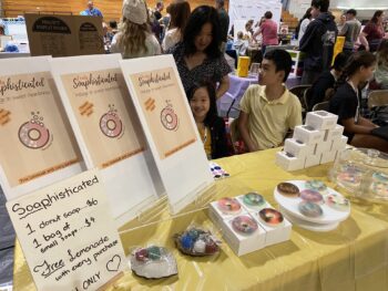 Overview of West Hills High gym with Santee Children's Business Fair tables in place