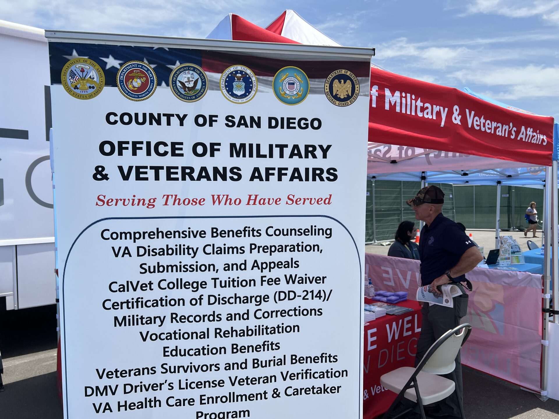 Red tent with sign that says County of San Diego Office of Military and Veterans Affairs