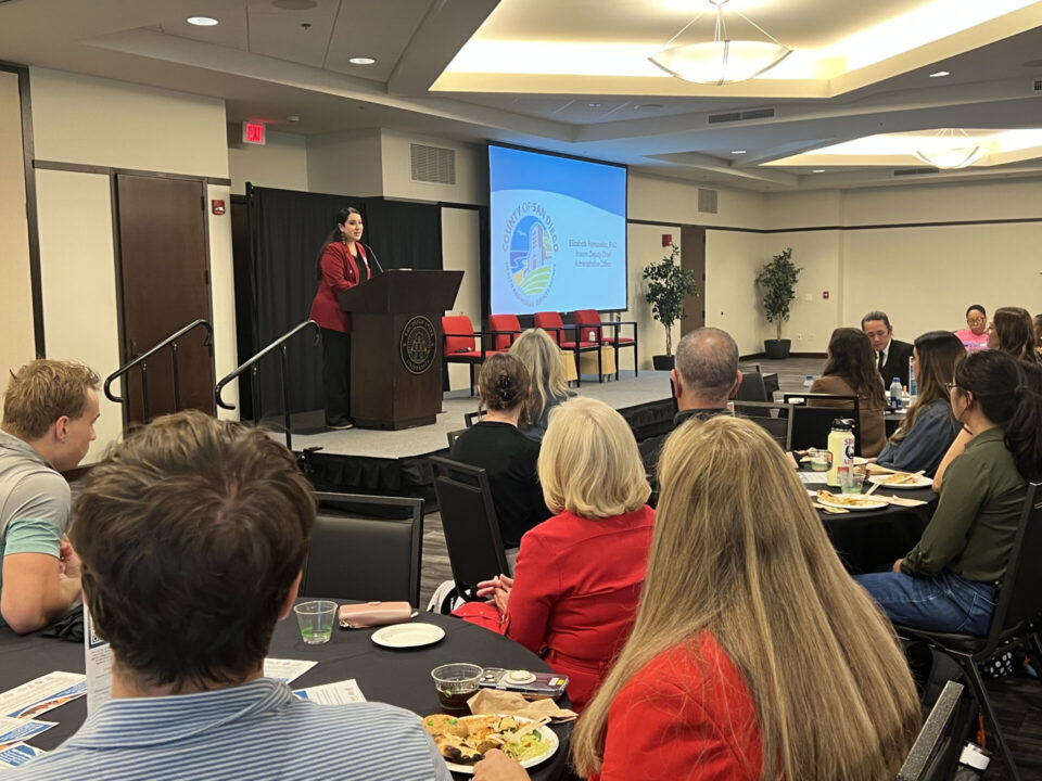 Students in a meeting room listening to speaker behind a podium