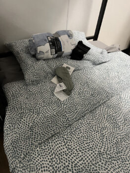 one bed set with matching comforter and pillow with extra items on top