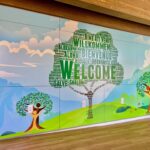 a mural of a three trees with people
