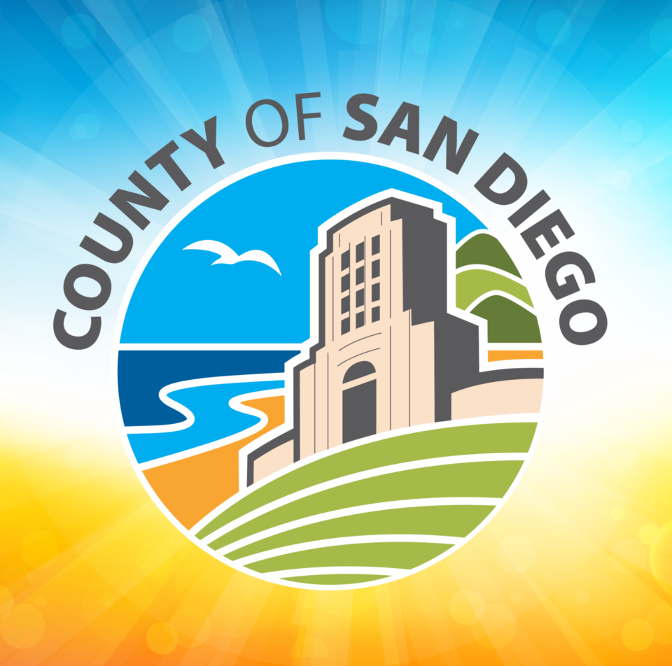 County of San Diego's new logo of CAC building with mix of blue, greens, greys and orange colors.