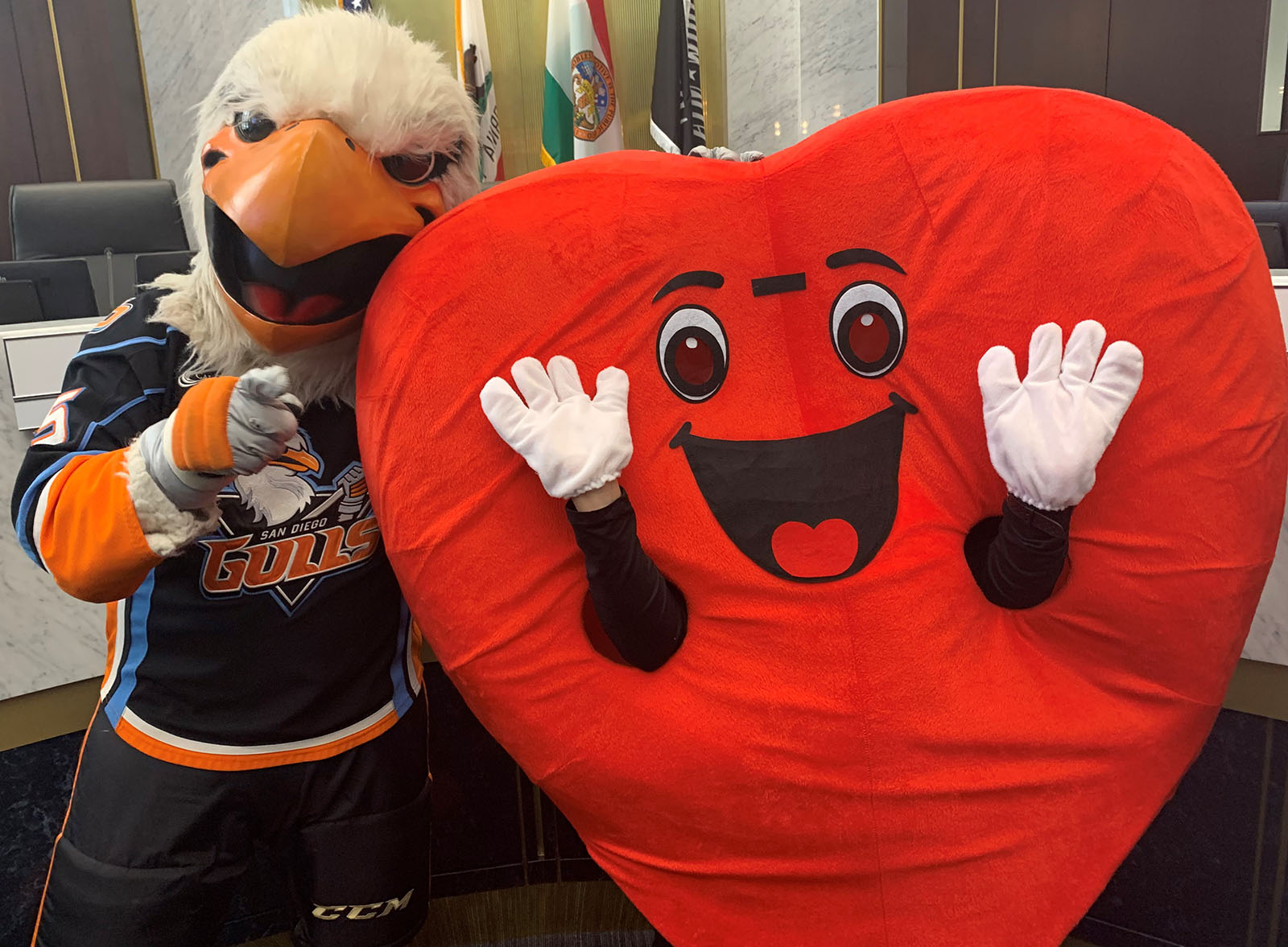 Gulliver, the San Diego Gulls mascot, and Hearty the Heart