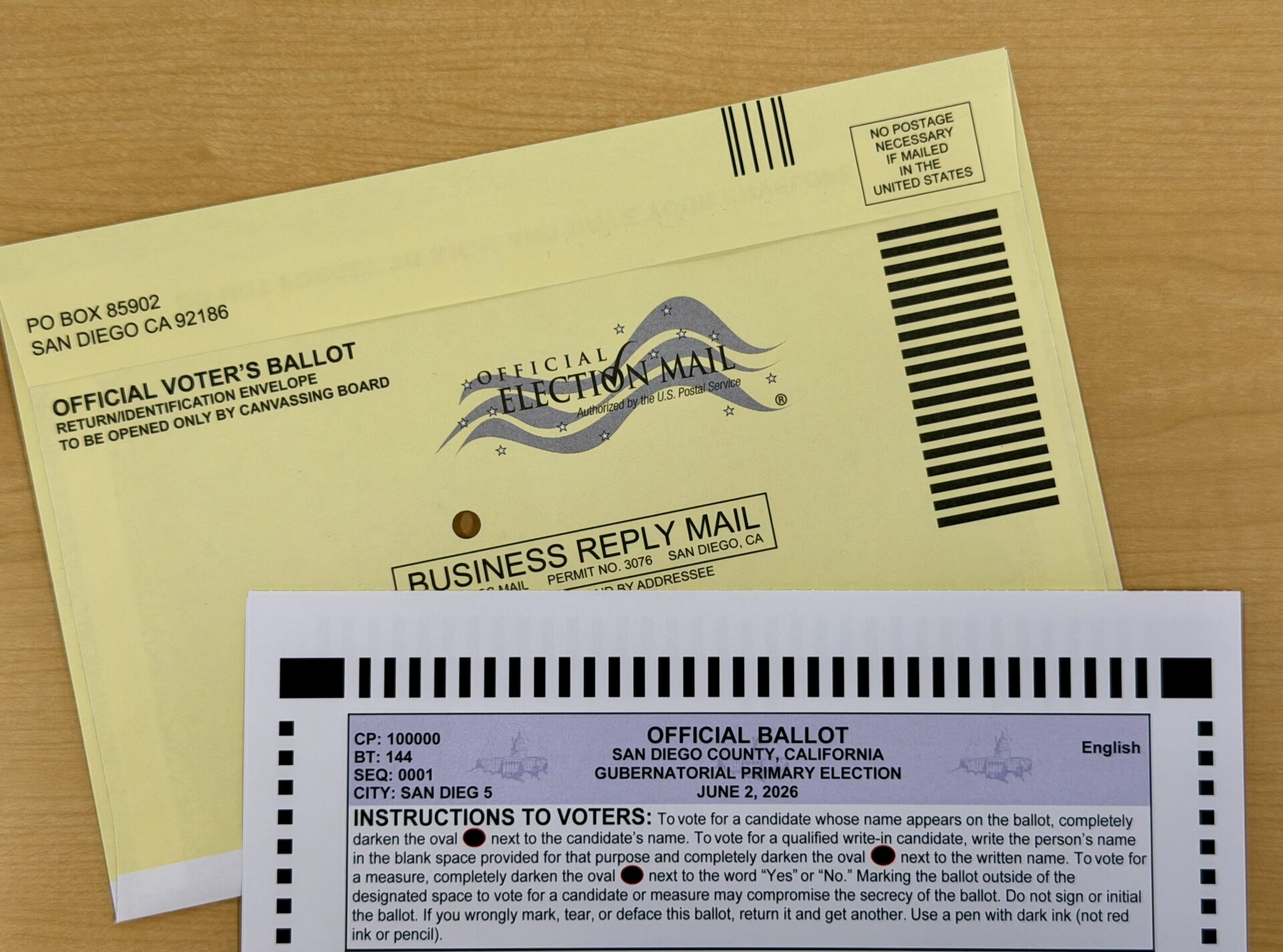 Mail ballot and yellow mail ballot envelope