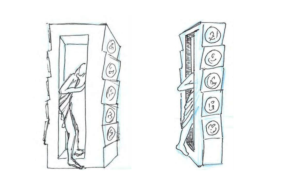 drawing of two people going into booths