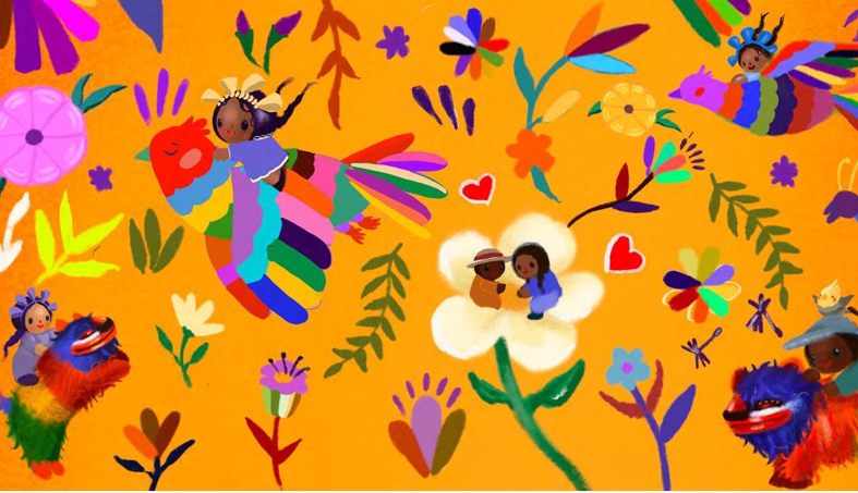 colorful art with flowers and children riding creatures