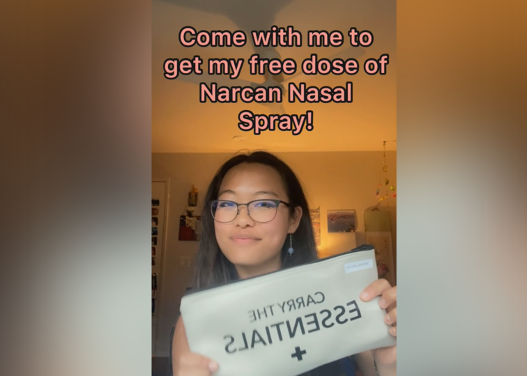 Screen shot of TikTok "Come with me to get my free dose of Narcan Nasal Spray"