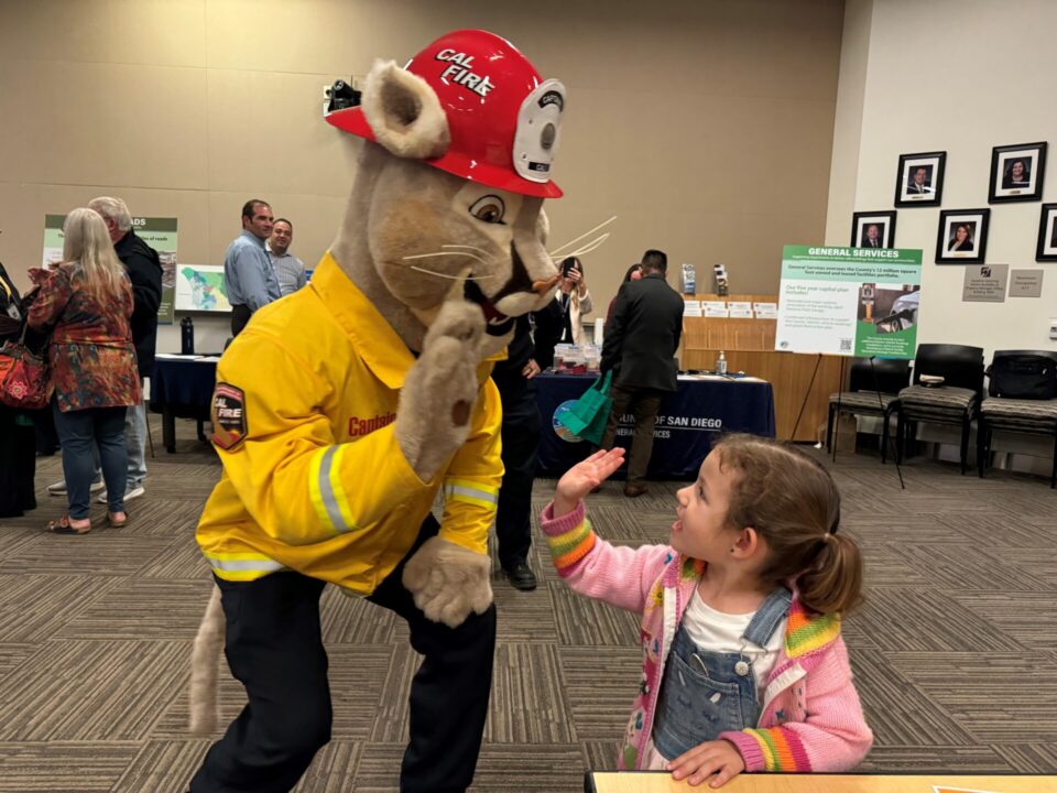 child gives high-five to CAL FIRE mascot