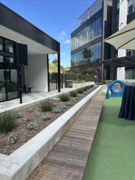 Outdoor patio space and surrounding buildings