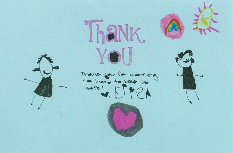 A thank you card sent to the County Public Health Lab