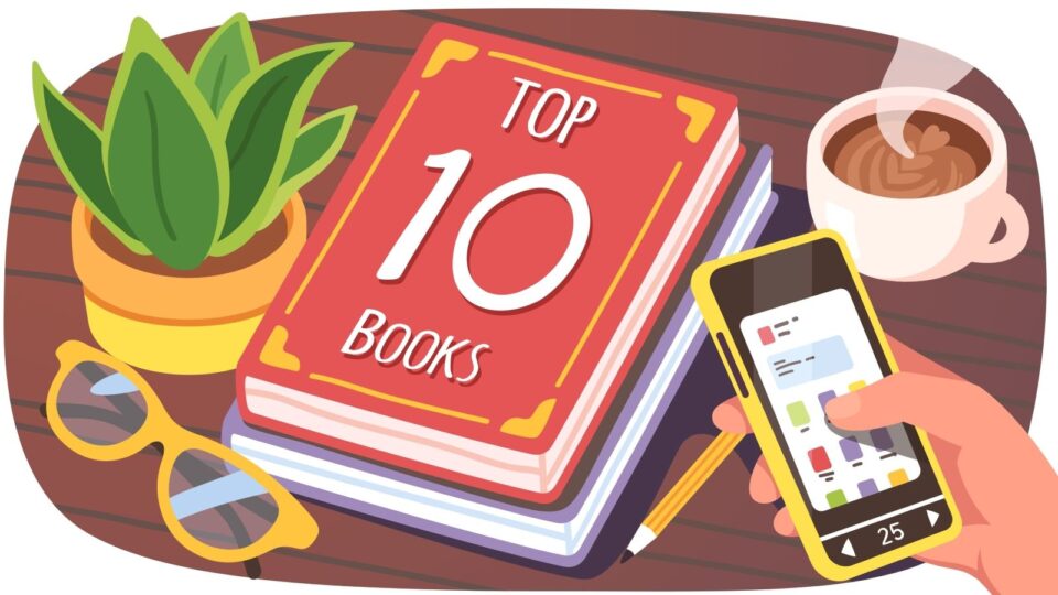 Top 10 Books graphic with cellphone, coffee and sunglasses