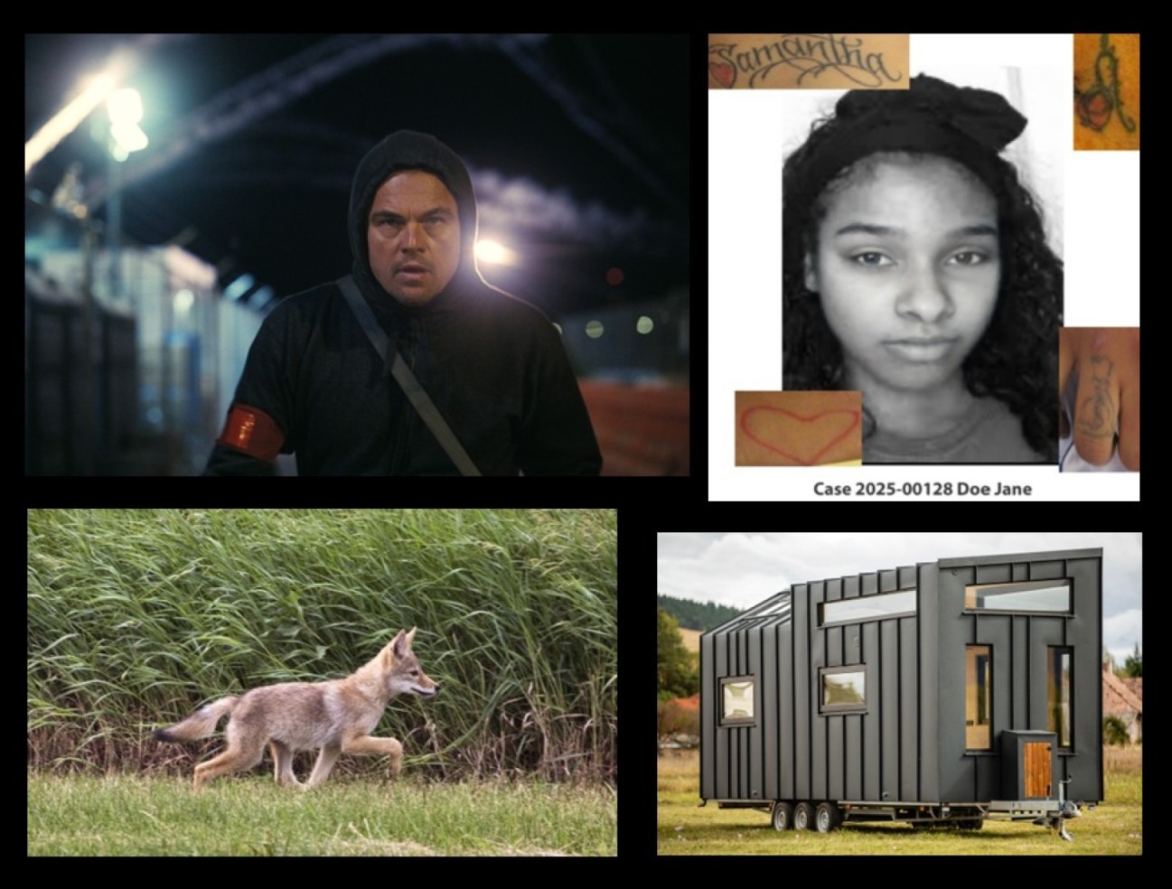 Collage of Jane Doe, "One Battle After Another" image, coyote and tiny home on wheels