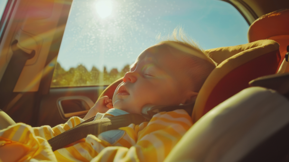 Baby in car seat with sun in window