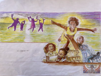 drawing of family holding up a child overhead