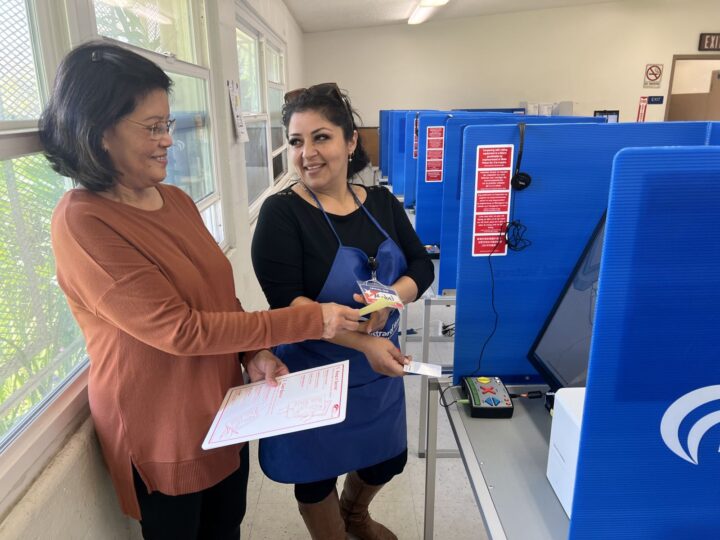 poll worker assists a voter