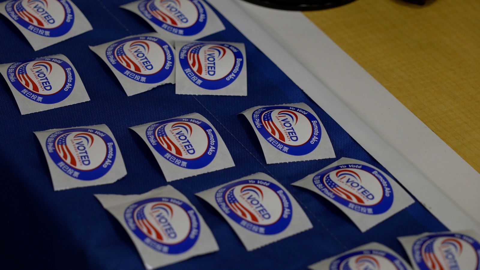 "I Voted" stickers laid out on a table