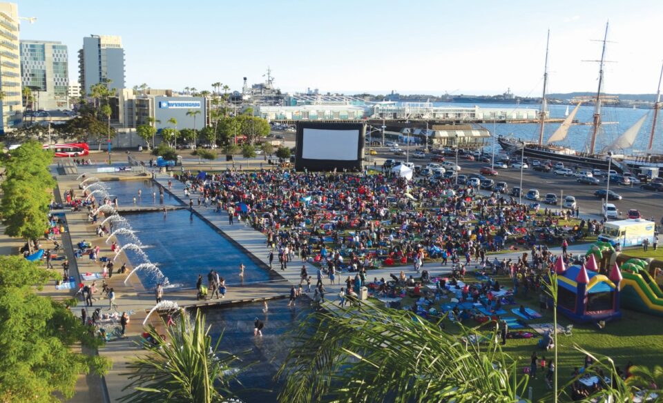 aerial photo of summer movie at Waterfront Park