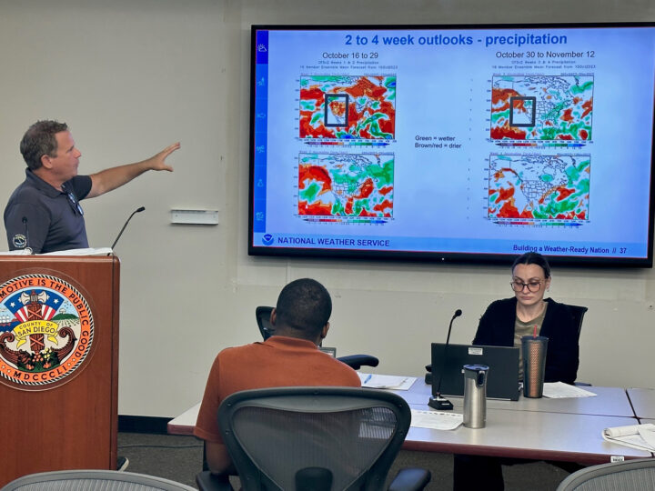 Alex Tardy at podium talking weather