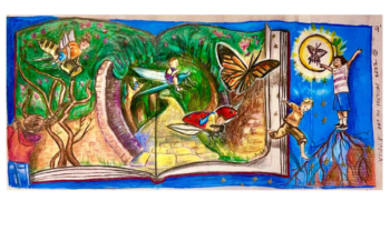 artwork of children playing both in a book and outside the book